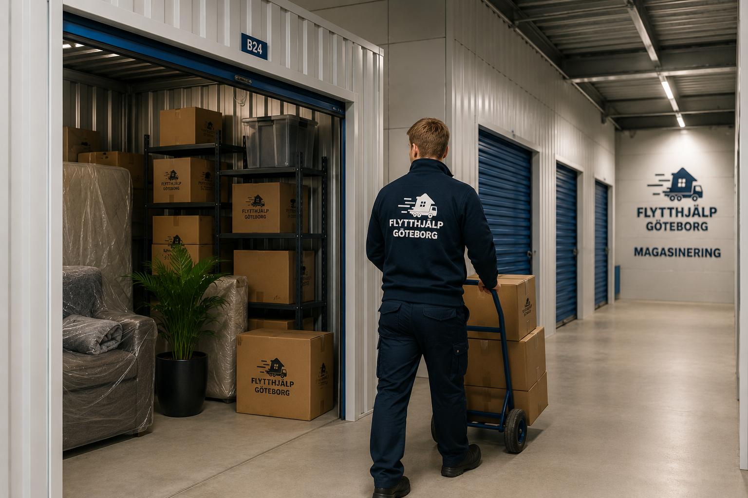 Magasinering med förvaringslokal och kartonger